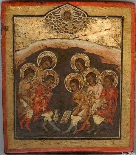 Ikona "Świętych siedmiu młodzieńców z Efezu: Maksymiliana, Jamblika, Martyniana, Dionizego, Jana, Eksakustodiana (Konstantego) i Antoniego; zasnęli około 250 roku, zbudzili się i ponownie zasnęli w 408-450"